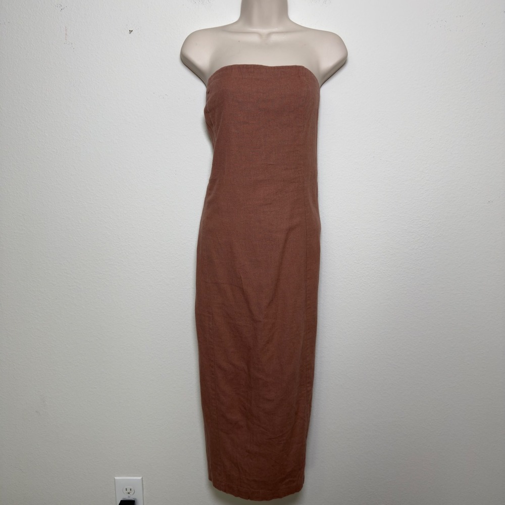 Abercrombie & Fitch Women Linen Dress XL Brown Strapless Midi Slit Western Boho